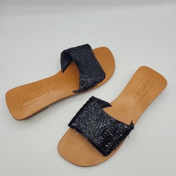 Mystique Black Sequined Leather Slides Sandals Block Heels Size 9 - Picture 6 of 16